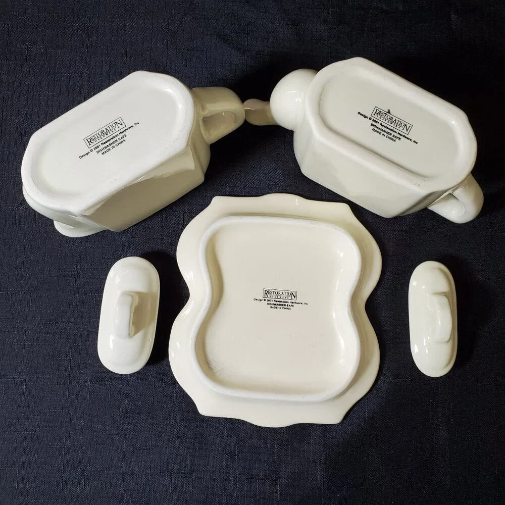 Restoration Hardware Creamer Sugar Set w/ Tray White Stoneware 2001 Y2K Coffee